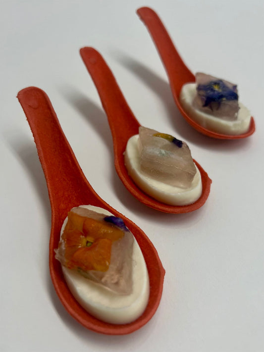 Lychee Panna Cotta, Moscato Gelee with Edible Flowers – White Chocolate Spoons