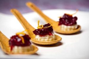 Holiday Party Pack: Cranberry & Gingerbread Delectable brie, chutney, orange zest on eco-friendly cranberry spoons from FlavorFulz.
